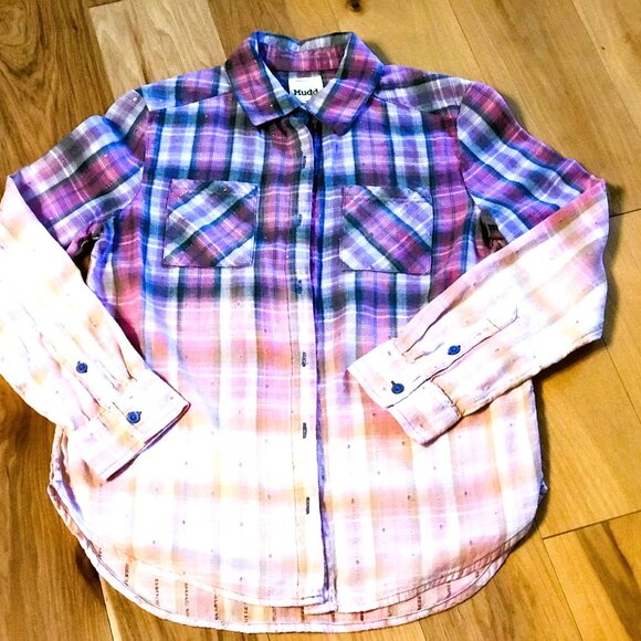 Girl's Bleached Painted Shirt, Size 14: Upcycled Inspirational Purple Plaid Top - Picture 4 of 9